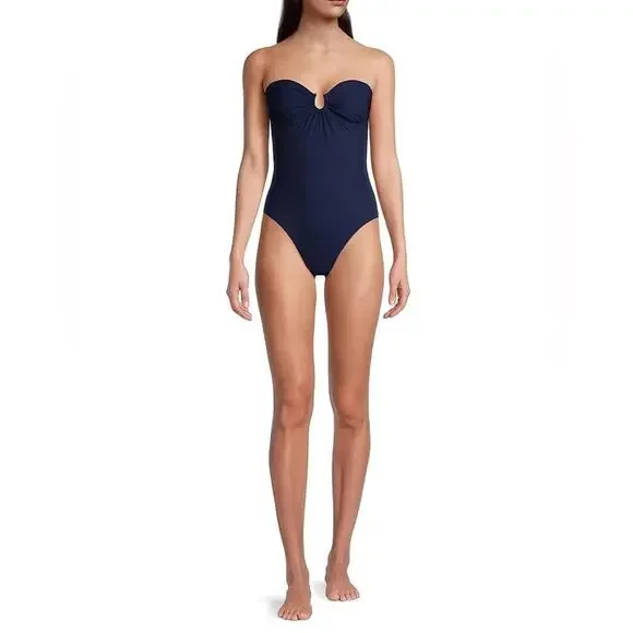 TORY BURCH SOLID BANDEAU ONE PIECE SWIMSUIT TORY NAVY SIZE SMALL NEW